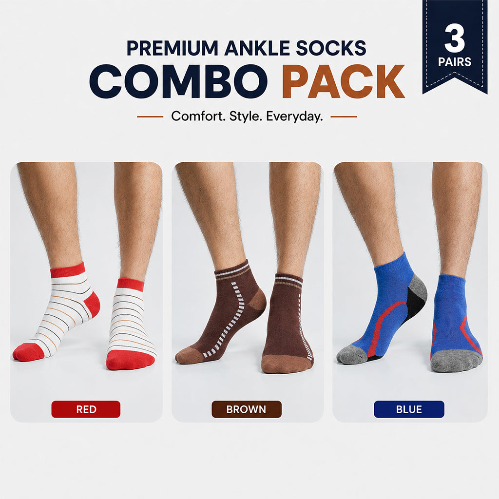 Premium Ankle Socks 3 Pair Combo Pack for Men