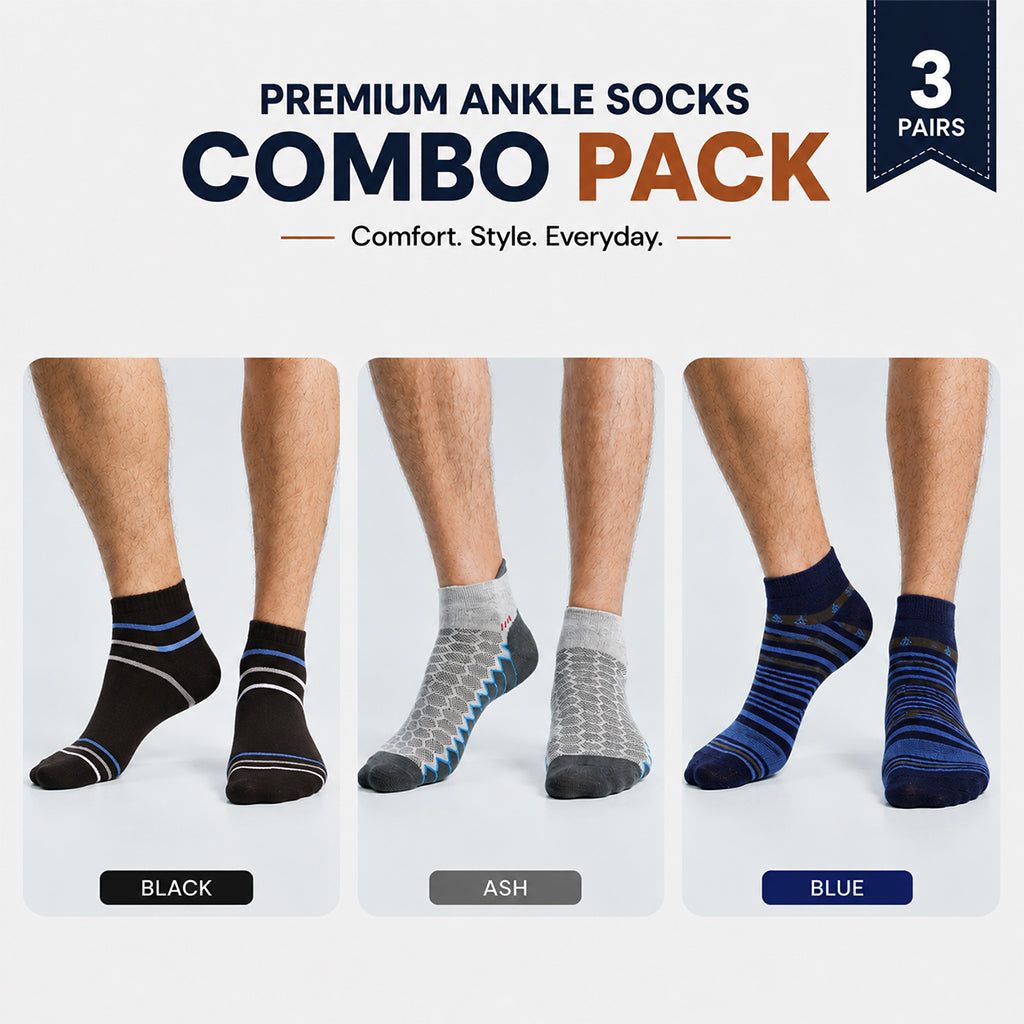 Premium Ankle Socks 3 Pair Combo Pack for Men