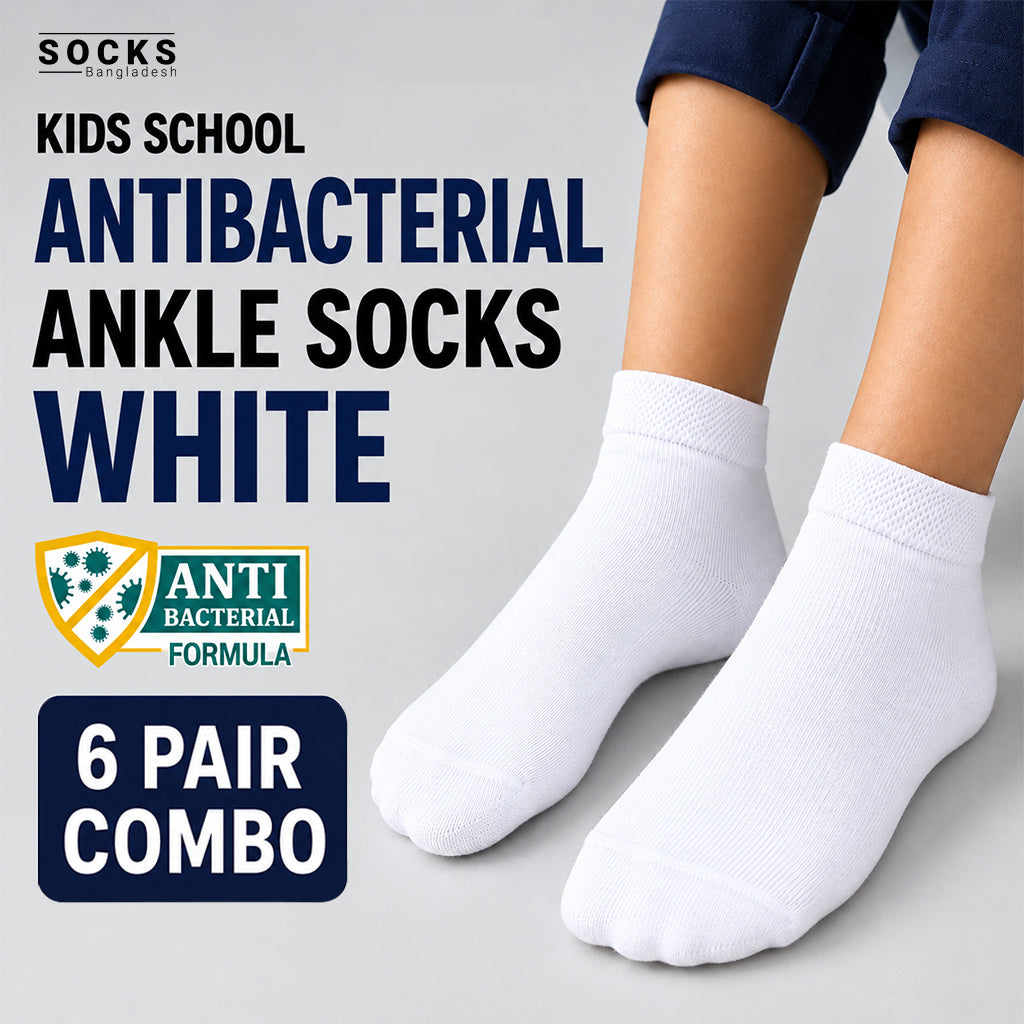 Kids School Antibacterial Ankle Socks – 6 Pair Combo | White