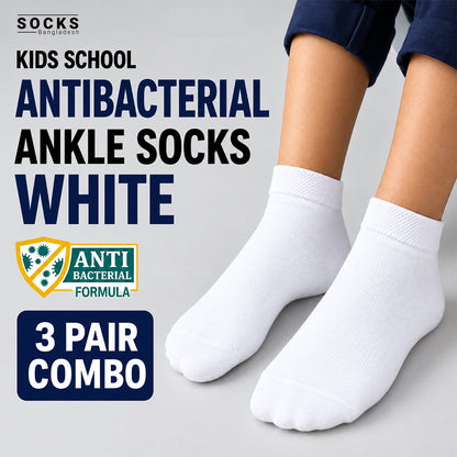 Kids School Antibacterial Ankle Socks – 3 Pair Combo | White