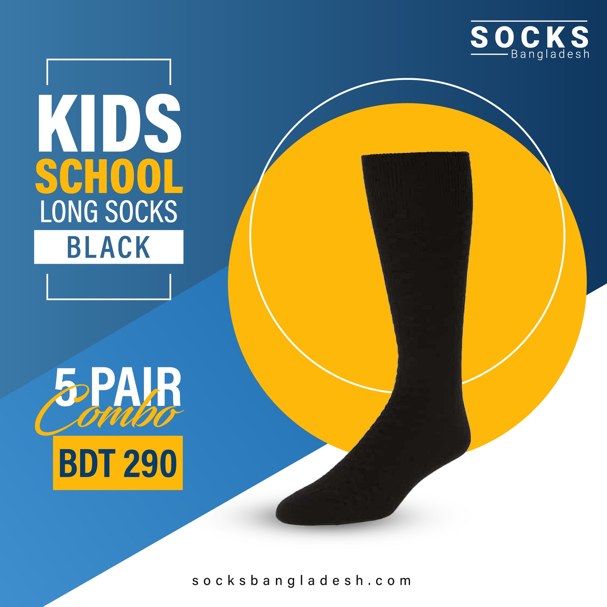 Black Cotton School Long Socks 5 Pair