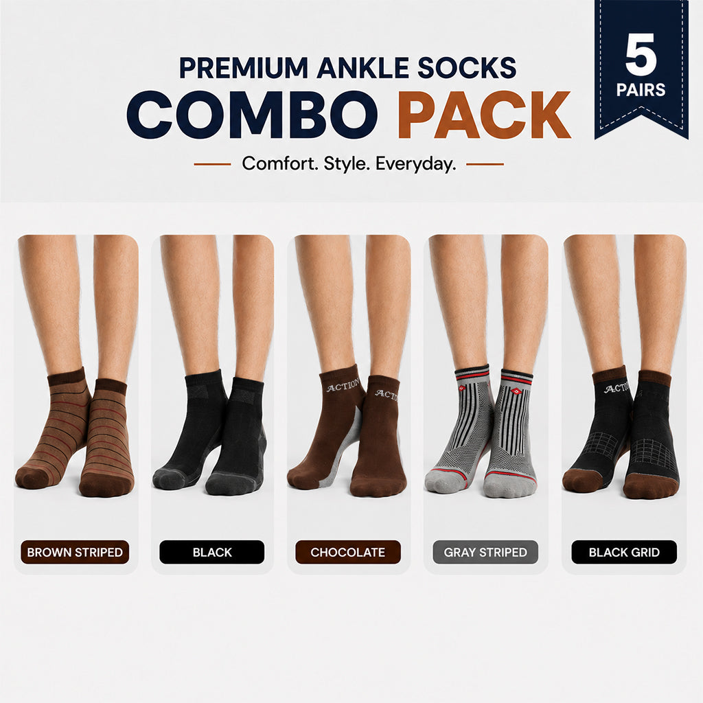 Premium Ankle Socks 5 Pair Combo Pack for Men