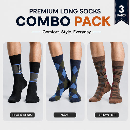 Premium Long Socks 3 Pair Combo Pack for Men