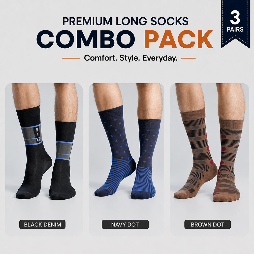 Premium Long Socks 3 Pair Combo Pack for Men
