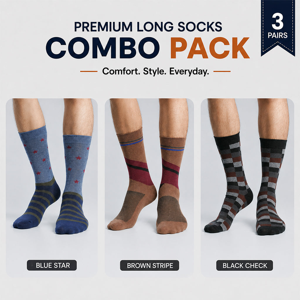 Premium Long Socks 3 Pair Combo Pack for Men