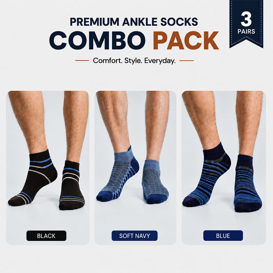 Premium Ankle Socks 3 Pair Combo Pack for Men