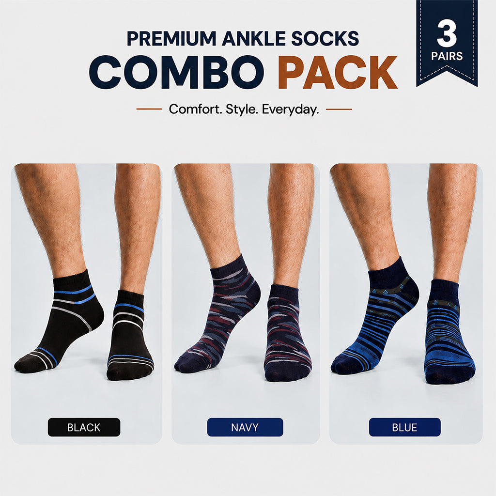 Premium Ankle Socks 3 Pair Combo Pack for Men